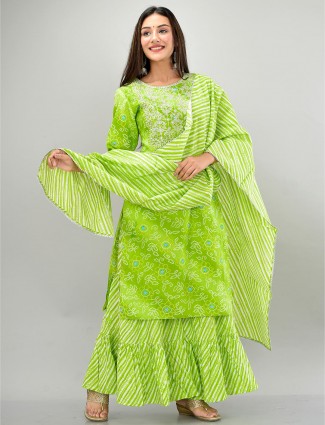 Parrot green cotton punjabi style festive sharara suit