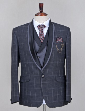 Party function wear grey color checks style terry rayon coat suit