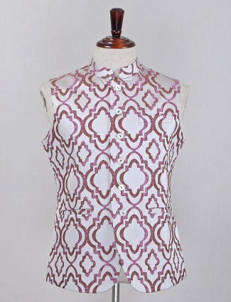 Party wear printed off white and pink color waistcoat set for mens