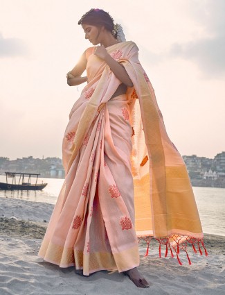 Peach banarasi silk saree with floral motives