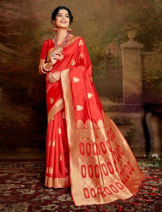 Peach handloom banarasi silk saree for wedding days