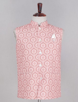Peach hue printed cotton silk waistcoat