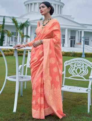 Peach lucknowi saree in georgette for wedding
