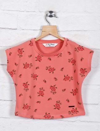 Peach printed cotton top for girls
