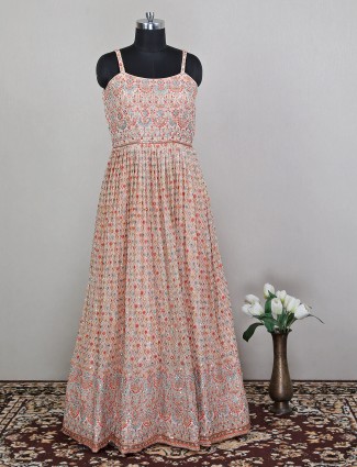 Peach reception wear floor length dress in georgette
