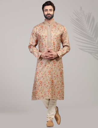 Peach silk printed festive wear kurta suit