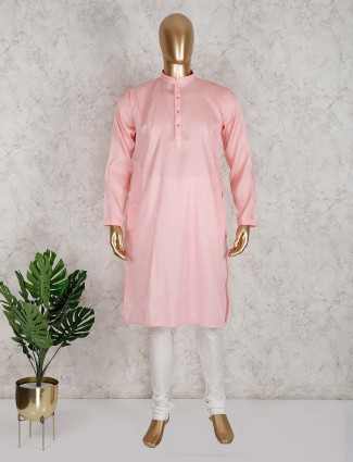 Peach solid cotton mens kurta suit