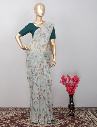 Pearl green alluring wedding look saree in tissue silk