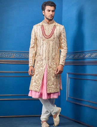 Pink and beige new stylish silk sherwani