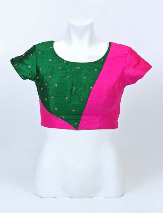 Pink and green raw silk ready made blouse