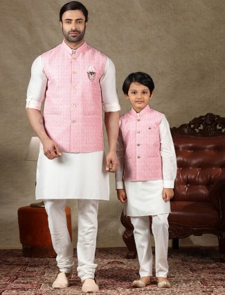 Pink and off white cotton father and son waistcoat set