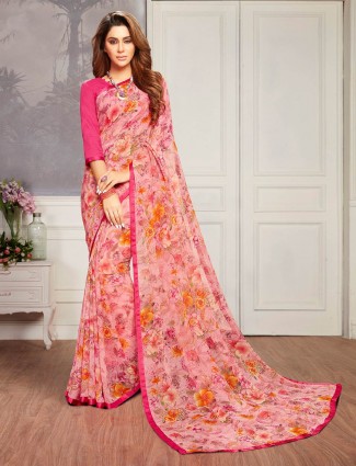 Pink gerogette saree in printed for women
