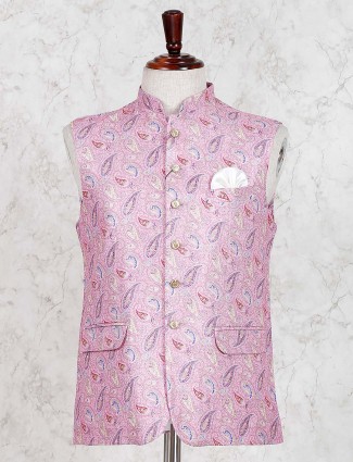 Pink printed cotton jute party waistcoat