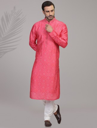 Pink silk festive function kurta suit in bandhej printed