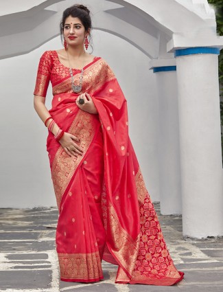 Pink traditional semi silk saree for wedding