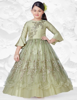 Pista green wedding gown with zari work details