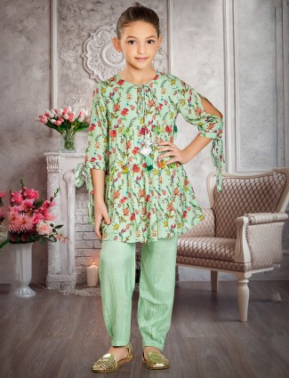 Pistachio green designer pant style salwar kameez for girls