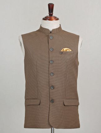 Printed brown cotton silk waistcoats set for mens