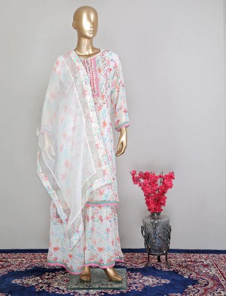 Printed cream hue sharara suit for party sessions