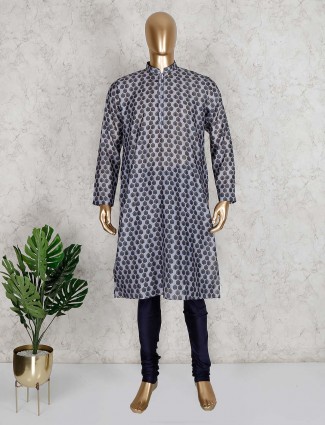 Printed grey cotton mens kurta suit