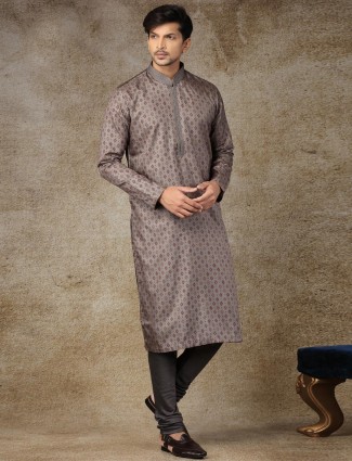Printed grey silk festive kurta suit
