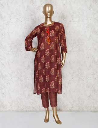 Printed maroon cotton festive pant style kurti set