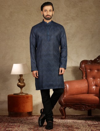 Printed navy cotton mens kurta suit