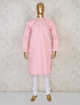 Printed pink cotton mens kurta suit