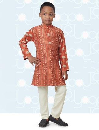 Printed rust hue cotton festive functions kurta suit