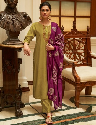 Punjabi style latest olive festive cotton punjabi style pant suit