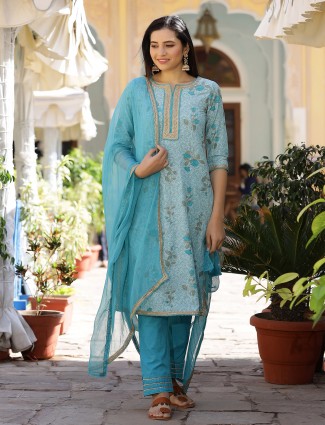 Rama blue cotton punjabi style printed festive wear pant suit