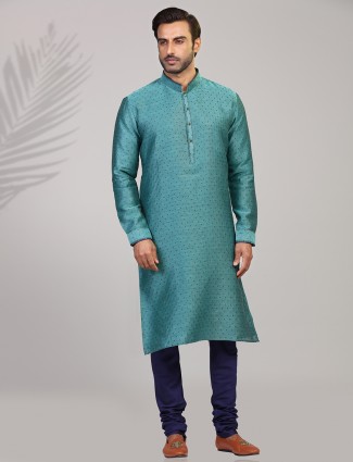 Rama green cotton silk festive wear printed kurta suit