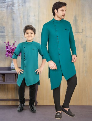 Rama green solid cotton silk father son kurta suit