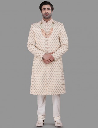 Raw silk beige wedding sherwani set