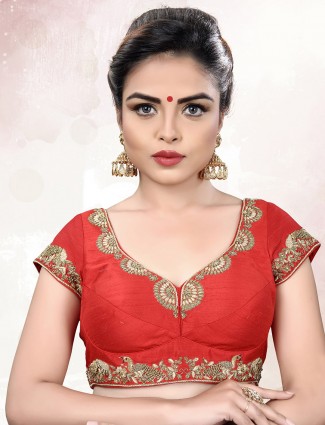 Raw silk fabric red ready made blouse