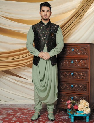 Raw silk waistcoat set for mens in green and black