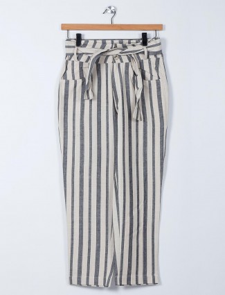Recap grey linen palazzo pant with stripe