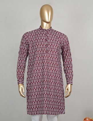 Maroon cotton fabric printed short pathani for festive