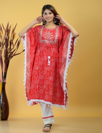 Red cotton printed festive wear punjabi style pant suit