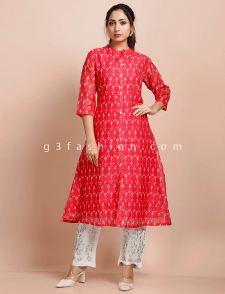 Red cotton round neck printed pant suit