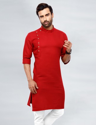 Red festive wear cotton men kurta suit