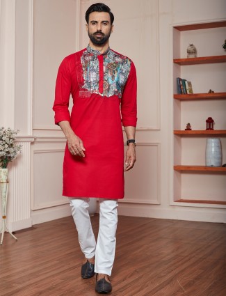 Red printed cotton kurta suit for men