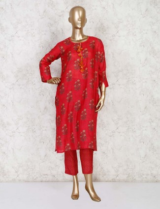 Red printed cotton quarter sleeves pant style kurti set