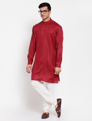 Red solid style cotton kurta suit for men