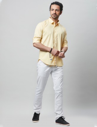 River Blue solid yellow cotton casual wear for mens shirt