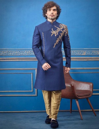 Royal blue cotton silk indo western with golden churidar combination