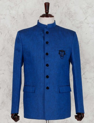 Royal blue linen solid party jodhpuri suit