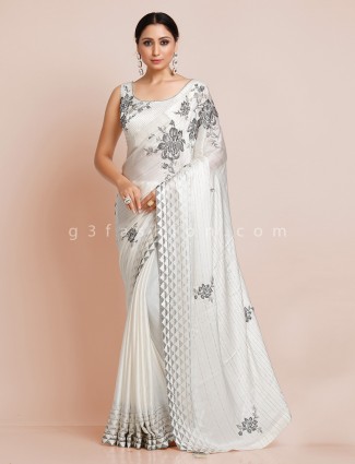 Satin off white wedding special saree with readymade blouse