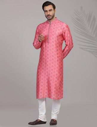 Silk bandhej printed festive wear kurta suit in pink