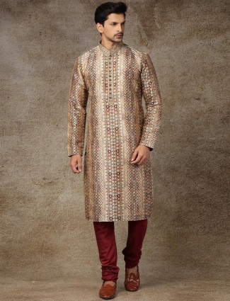 Silk beige full sleeve printed kurta suit